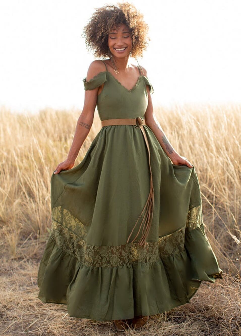 Joyfolie Mia Joy Coral Dress in Olive - boho maxi - cold shoulder
